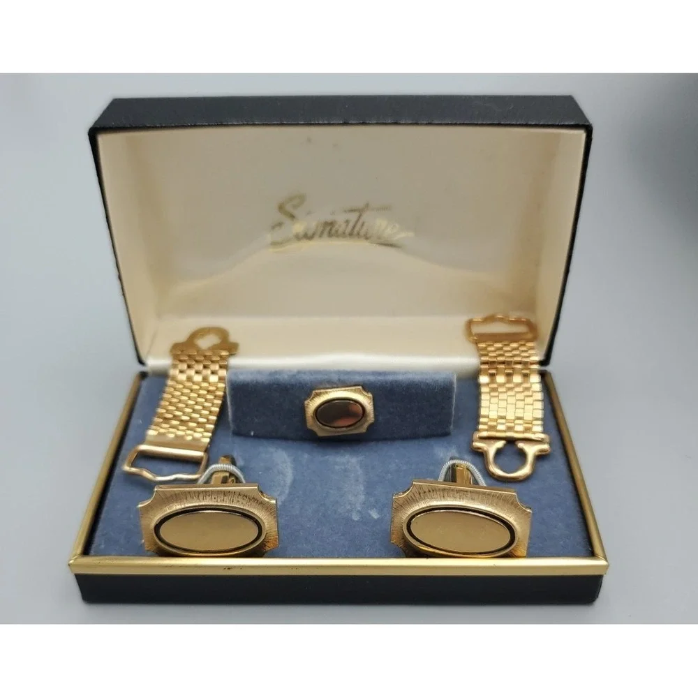 Vintage Signature 5 Piece Mesh Wrap Cuff Links Tie Tack Gold Toned Men's Jewelry
